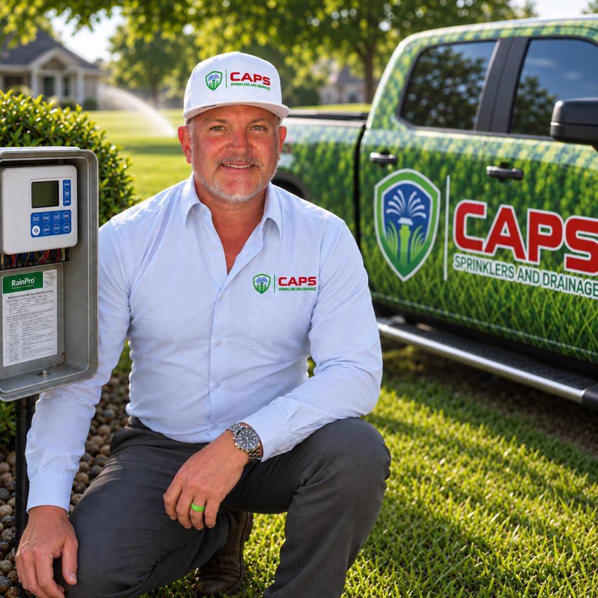 Adam Stoltenberg of CAPS beside a sprinkler controller and branded service truck