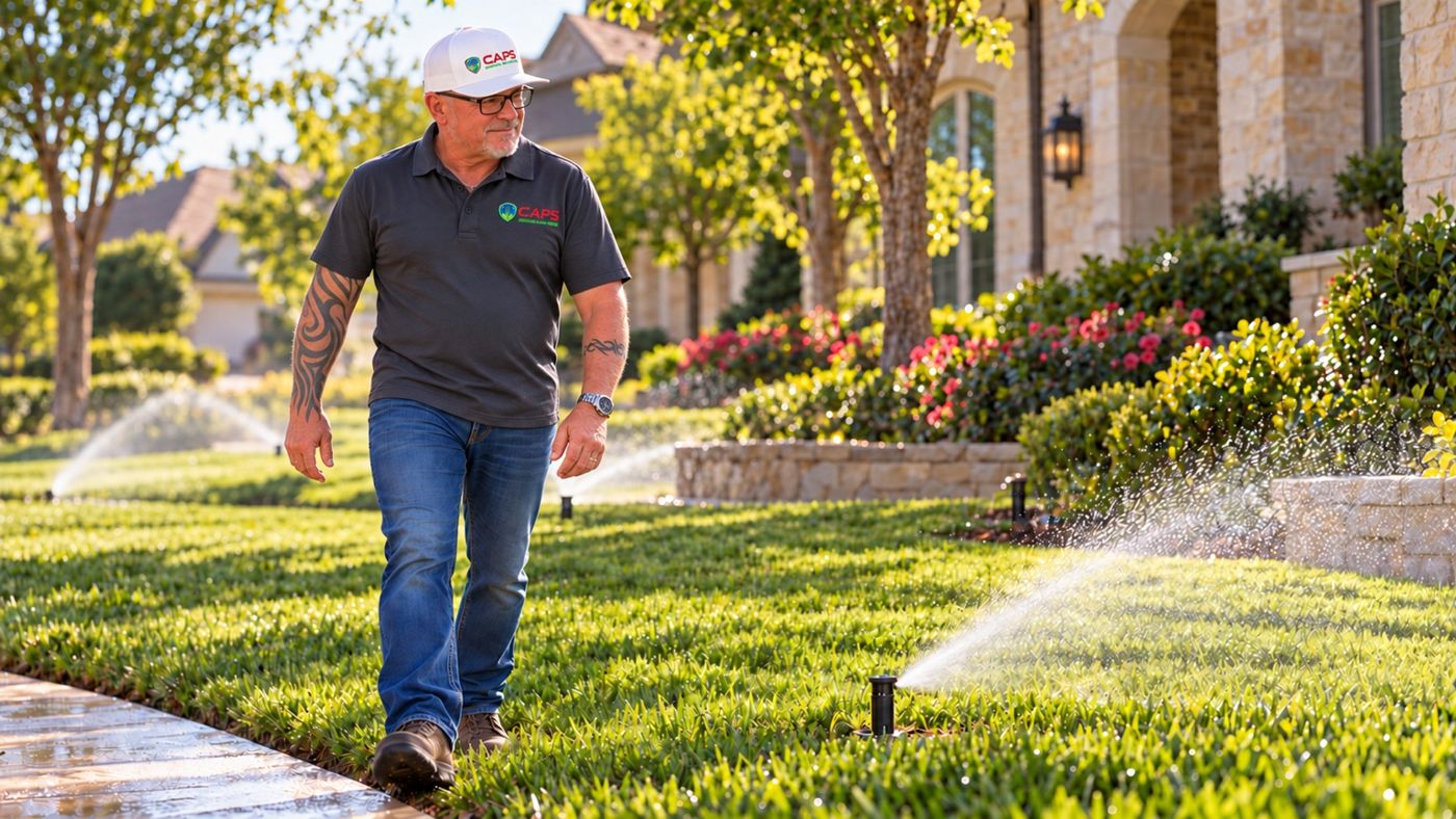 Adam walking a lawn with sprinklers running during a CAPS system check